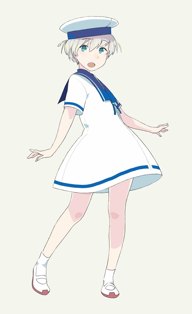 1girl, blue_eyes, blue_sailor_collar, cosplay, dress, female_focus, full_body, grey_background, hat, hiburi_(kancolle), hiburi_(kancolle)_(cosplay), kantai_collection, open_mouth, sailor_collar, sailor_dress, sailor_hat, shoes, short_hair, short_sleeves, silver_hair, simple_background, socks, solo, uwabaki, white_dress, white_hat, white_socks, you_(yawnmgmg), z1_leberecht_maass_(kancolle)