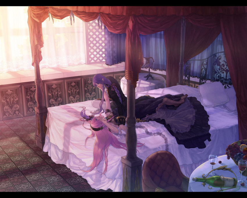 1boy, 1girl, ahoge, alcohol, bad_id, bad_pixiv_id, bed, bed_sheet, bedroom, blue_eyes, braid, canopy_bed, cantarella, cantarella_(vocaloid), chair, couple, curtains, dress, food, fruit, glass, goth_fashion, hetero, highres, kamui_gakupo, lamp, letterboxed, long_hair, lying, megurine_luka, pillow, pink_hair, purple_hair, room, single_braid, sitting, smi, smi_(enraku), thighhighs, very_long_hair, vocaloid, window, wine