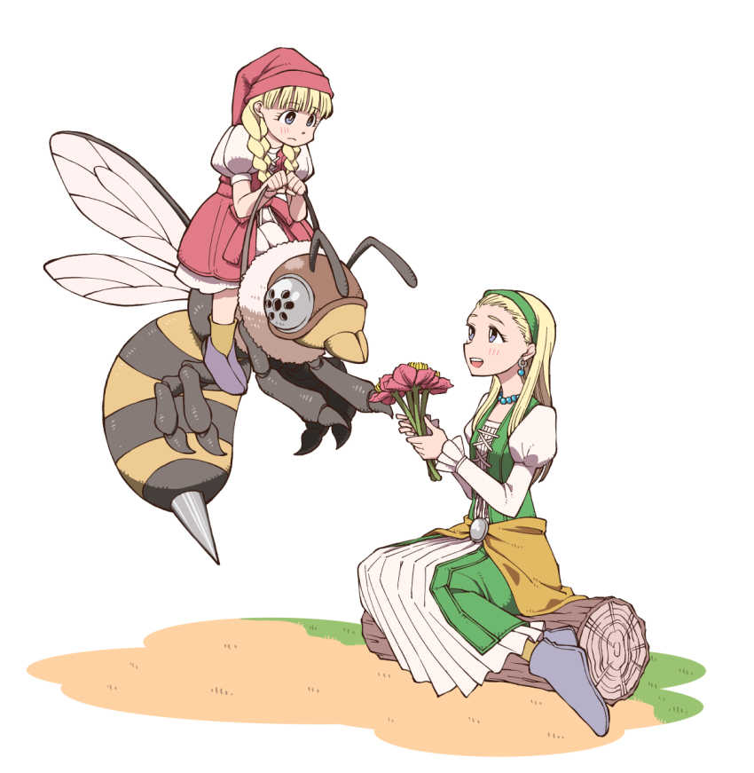 2girls, animal, bee, blonde_hair, blue_eyes, blush, braid, bug