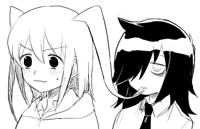 2girls, bags_under_eyes, blush, eating_hair, eating_non-food, flustered, gomihitosi, greyscale