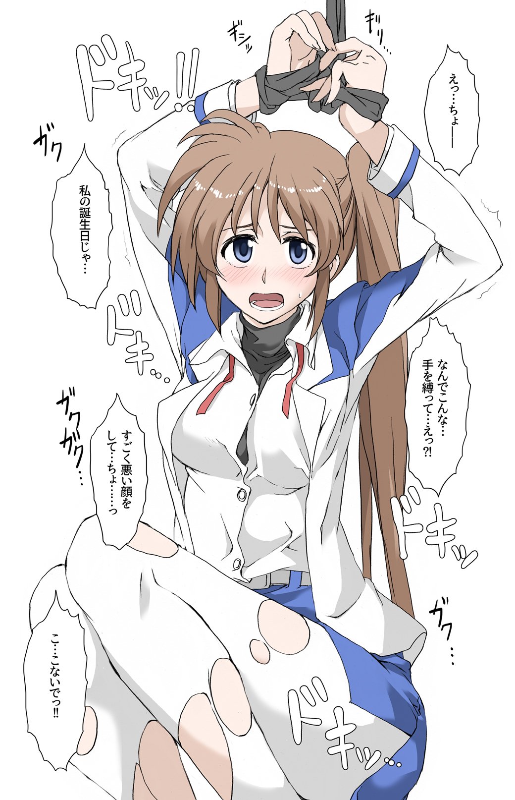 1girl, arms_up, belt, black_shirt, blue_eyes, blue_skirt, blush, bound