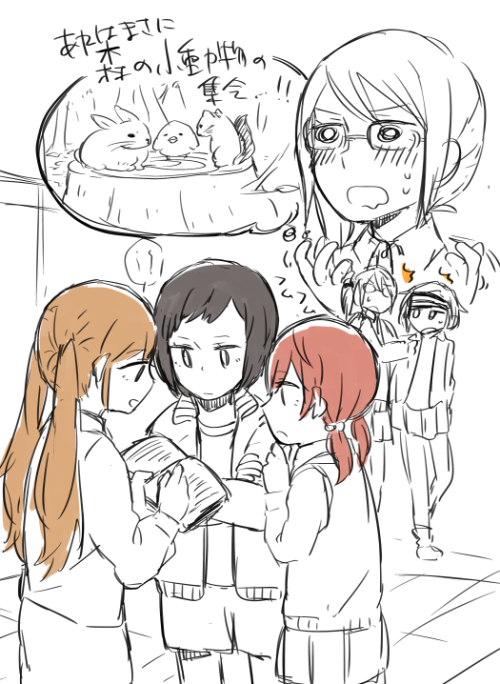 5girls, bird, black_hair, blush, brown_hair, rabbit, chikiso, imagining