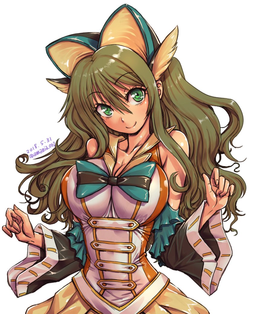 1girl, amania_orz, amari_aquamarine, bare_shoulders, breasts, cleavage, detached_sleeves, female_focus, green_eyes, green_hair, headgear, large_breasts, long_hair, ribbon, skirt, sleeveless, solo, super_robot_wars, super_robot_wars_x, wavy_hair, wide_sleeves