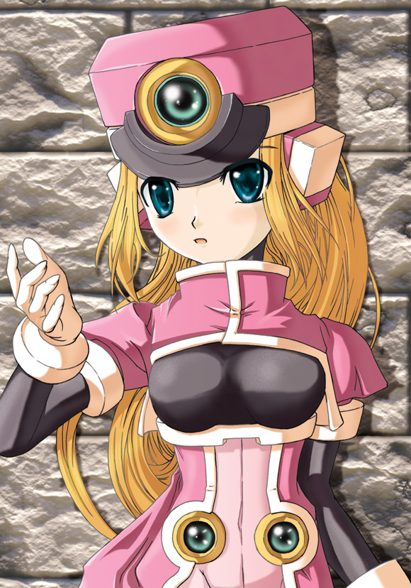 1girl, blonde_hair, blue_eyes, blush, bodystocking, breasts, coat, female_focus, framed_breasts, gloves, hat, long_hair, looking_to_the_side, medium_breasts, mega_man_(series), mega_man_zx, pink_coat, prairie_(mega_man), puffy_short_sleeves, puffy_sleeves, shako_cap, short_sleeves, solo, upper_body, white_gloves, yakouhai