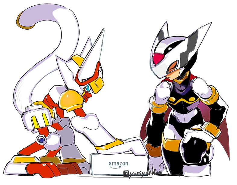 2boys, amazon_(company), android, artist_name, cape, hanumachine_(mega_man), helmet, kneeling, logo, mega_man_(series), mega_man_zero_(series), monkey, multiple_boys, ninja, hidden_phantom_(mega_man), simple_background, tail, white_background, yuriyuri_(ccc)