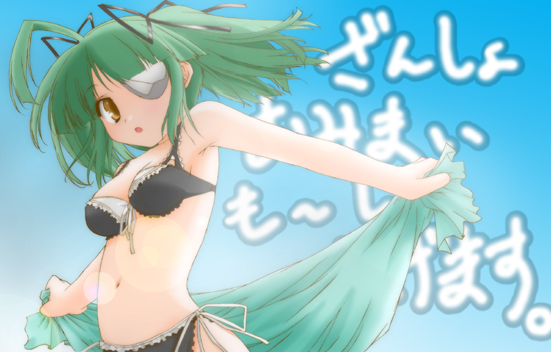 1girl, ahoge, armpits, bad_id, bad_pixiv_id, bikini, black_bikini, eyepatch, female_focus, green_hair, hair_ribbon, navel, open_mouth, orange_eyes, otomedius, ribbon, shinyonyo, short_hair, side-tie_bikini_bottom, solo, swimsuit, tita_nium, towel, twintails, yellow_eyes, zanshomimai