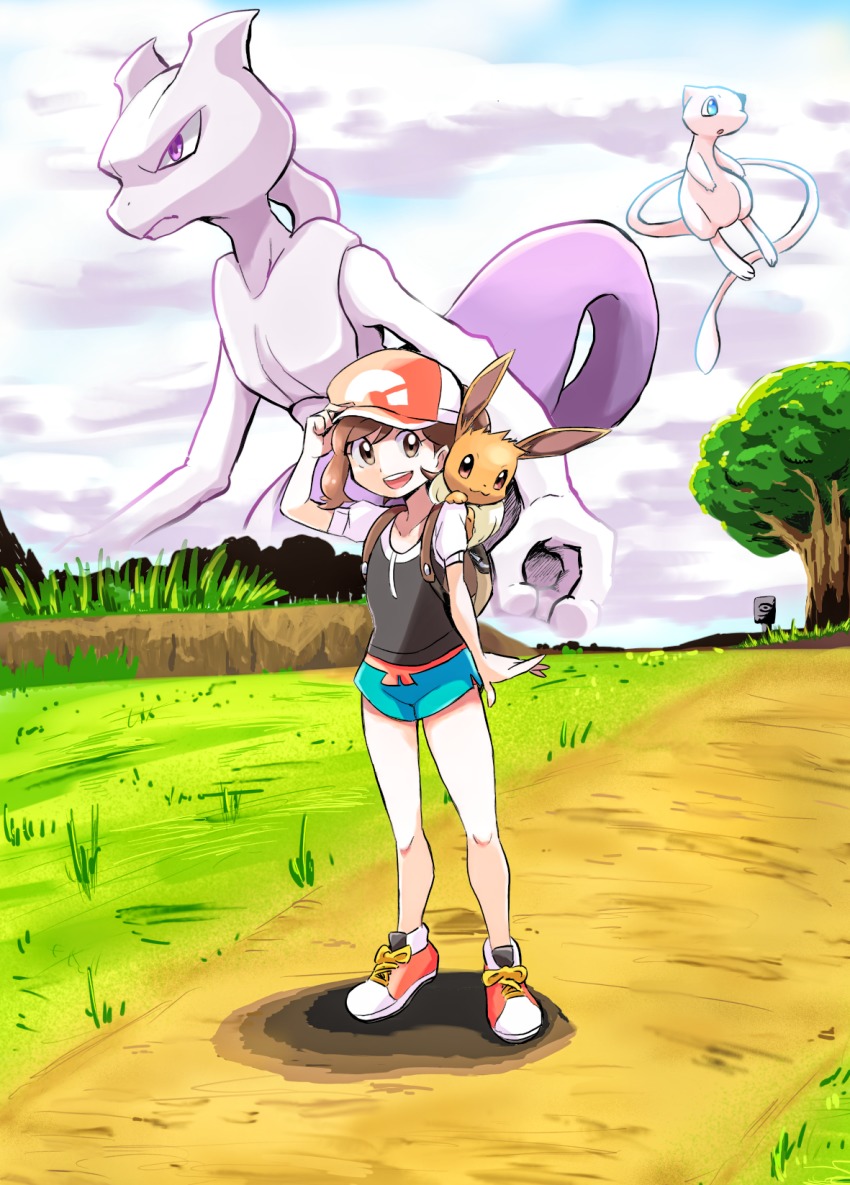 1girl, :3, :d, :o, aqua_eyes, ayo009, backpack, bag, baseball_cap, black_shirt, blue_shorts, brown_eyes, brown_hair, commentary_request, creature, day, eevee, elaine_(pokemon), gen_1_pokemon, grass, hand_on_headwear, happy, hat, highres, legendary_pokemon, mew_(pokemon), mewtwo, mythical_pokemon, nintendo, on_shoulder, open_mouth, outdoors, pokemon, pokemon_(creature), pokemon:_let's_go_pikachu!_and_let's_go_eevee!, pokemon_on_shoulder, purple_eyes, serious, shirt, shoes, short_shorts, short_sleeves, shorts, sign, smile, standing, tree