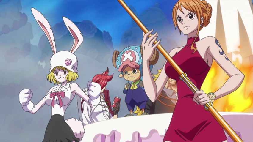 2girls, 3boys, anime_screenshot, bare_shoulders, breasts, carrot_(one_piece), clima-tact, dress