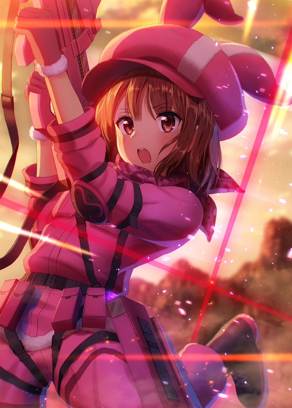 1girl, animal_ears, animal_hat, arms_up, black_boots, blurry, blurry_background, blush