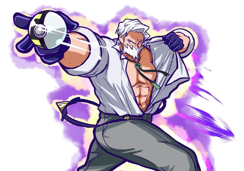 1boy, abs, beard, belt, black_gloves, bolo_tie, drayden_(pokemon), facial_hair