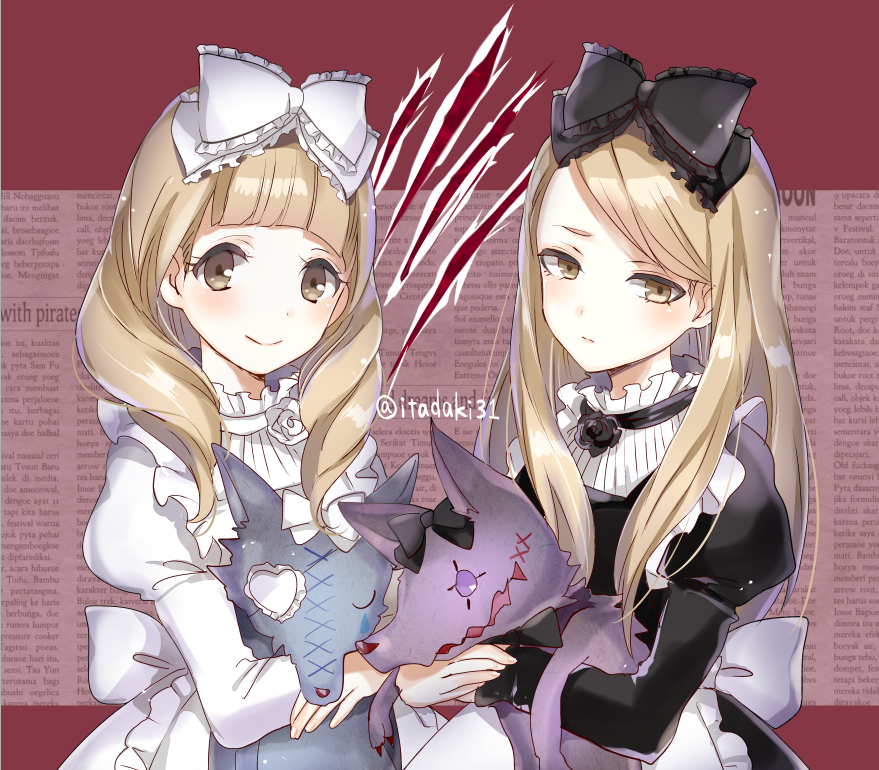 2girls, blonde_hair, bow, dress, hair_bow, holding_hands, itadaki31, jessica_(jinrou_judgment), jinrou_judgment, long_hair, looking_at_viewer, multiple_girls, sandra_(jinrou_judgment), siblings, sisters, smile, stuffed_wolf, twins, twitter_username, yellow_eyes