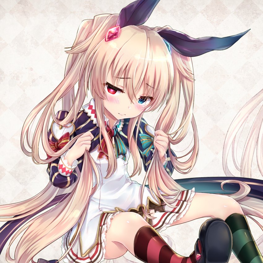 1girl, argyle_background, argyle_clothes, asymmetrical_legwear, black_ribbon, black_shoes, blonde_hair, blue_bow, blue_eyes, blush, bow, chaos_alice_(grimms_notes), closed_mouth, commentary_request, female_focus, gem, grimms_notes, hair_between_eyes, hair_ornament, hair_ribbon, head_tilt, heart, heart-shaped_pupils, heterochromia, highres, holding, holding_own_hair, kneehighs, long_hair, long_sleeves, looking_at_viewer, maruma_(maruma_gic), mary_janes, mismatched_legwear, pleated_skirt, puffy_long_sleeves, puffy_sleeves, red_bow, red_eyes, ribbon, shirt, shoes, sidelocks, sitting, skirt, socks, solo, striped_bow, striped_clothes, striped_socks, symbol-shaped_pupils, twintails, very_long_hair, white_shirt, white_skirt