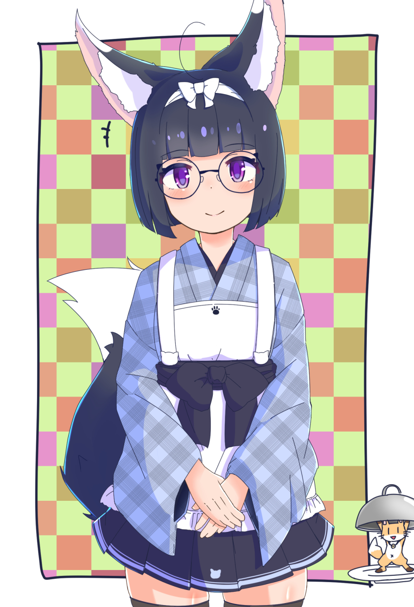 1girl, ahoge, animal_ears, apron, black_hair, black_skirt, black_thighhighs, blunt_bangs