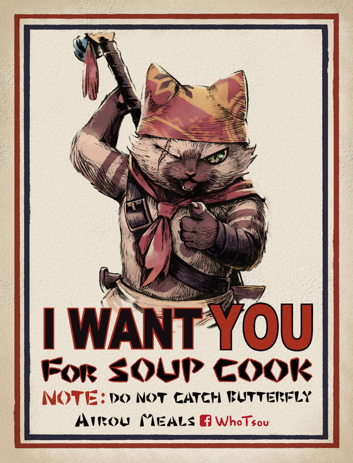 arm_up, body_fur, cat, claws, english_text, engrish_text, facebook_logo, facebook_username, felyne, furry, furry_male, green_eyes, hat, i_want_you, looking_at_viewer, male_focus, meowscular_chef, monster_hunter:_world, monster_hunter_(series), one_eye_closed, open_mouth, parody, pointing, pointing_at_viewer, poster_(medium), propaganda, ranguage, scar, scar_across_eye, scar_on_face, scarf, slit_pupils, solo, upper_body, whotsou