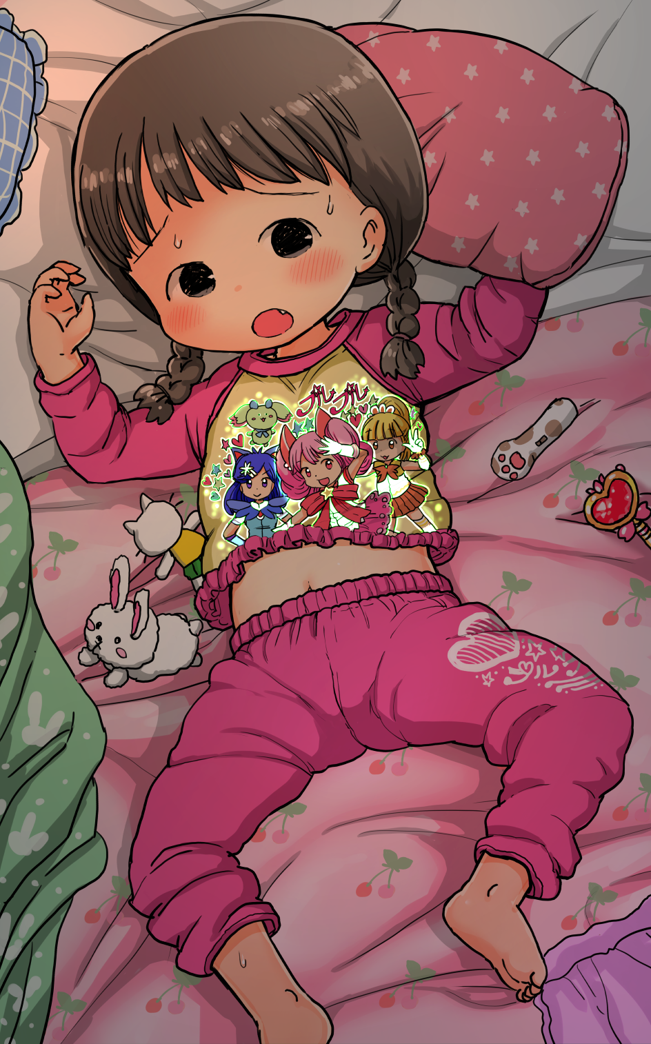 1girl, animal_print, barefoot, bed, bedroom, black_eyes, blush, brown_hair, feet, female_focus, flat_chest, highres, jojifuku, loli, long_sleeves, looking_at_viewer, lying, navel, on_back, open_mouth, original, pajamas, pillow, pink_sleeves, print_sheet, rabbit_print, shirt_print, soles, solo, star-shaped_pillow, star_(symbol), toes, umekko