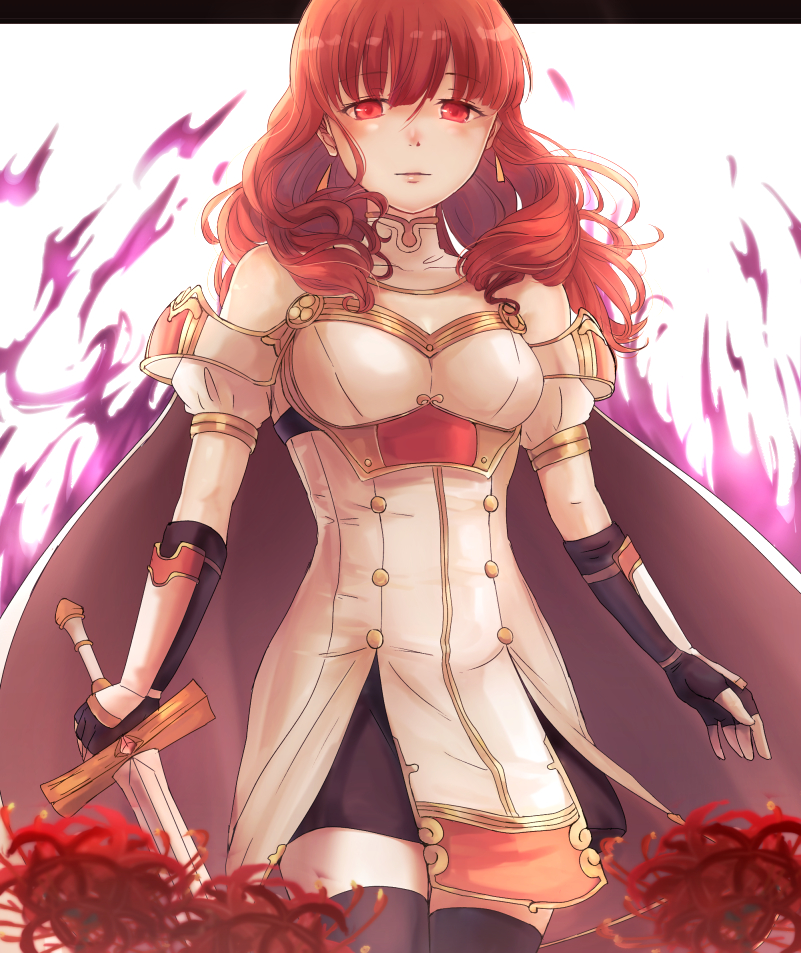 1girl, bare_shoulders, black_thighhighs, blurry, breasts, celica_(fire_emblem), celica_(imprisoned_soul)_(fire_emblem), corruption