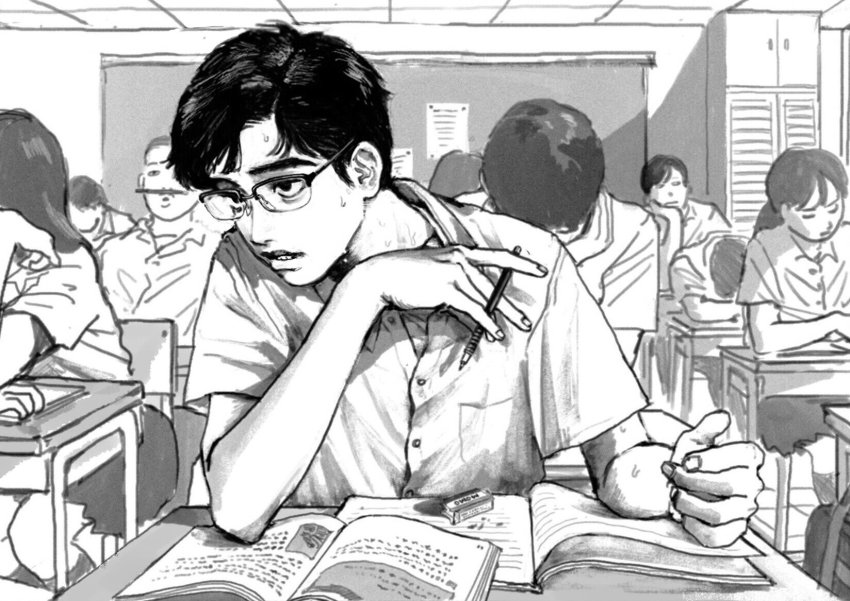 2girls, 4boys, :o, :|, arm_rest, between_fingers, board, book