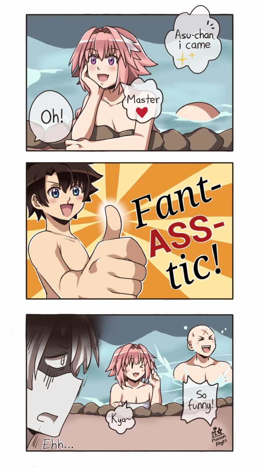 3boys, 3koma, astolfo_(fate), bald, comic, cross_scar, english_text, fang
