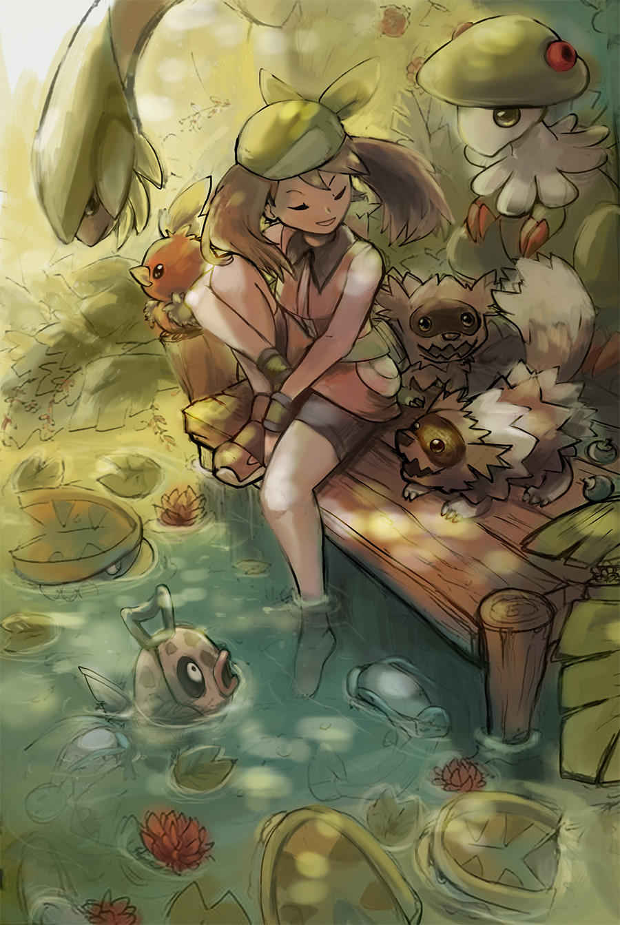 1girl, :d, bandana, barboach, bare_legs, bare_shoulders, barefoot, berry