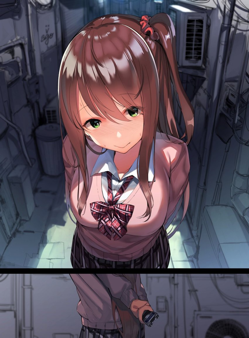 1girl, akabane_youko, akabane_youko_(1st_costume), alley, blush, bow, bowtie, breasts, brown_hair, cardigan, green_eyes, hair_between_eyes, hair_ornament, hair_scrunchie, highres, holding, holding_behind_back, holding_weapon, large_breasts, long_hair, nijisanji, one_side_up, orihi_chihiro, pink_cardigan, scrunchie, shade, stun_gun, sweatdrop, trash_can, very_long_hair, virtual_youtuber, weapon