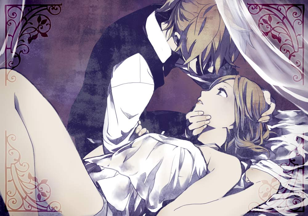 1boy, 1girl, bad_id, bad_pixiv_id, blonde_hair, brother_and_sister, cendrillon_(vocaloid), couple, dress, formal_clothes, hetero, incest, indoors, jpeg_artifacts, kagamine_len, kagamine_rin, lying, ponytail, shaded_face, short_hair, siblings, skirt, twincest, twins, utako, vocaloid, white_skirt