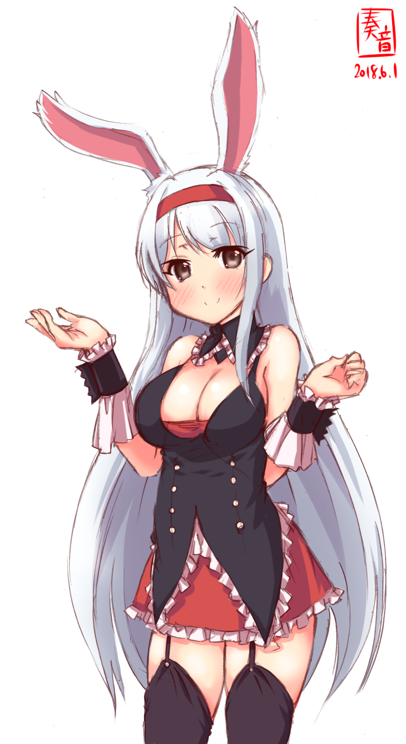 1girl, alternate_costume, animal_ears, artist_logo, black_thighhighs, black_wrist_cuffs, blush, breasts