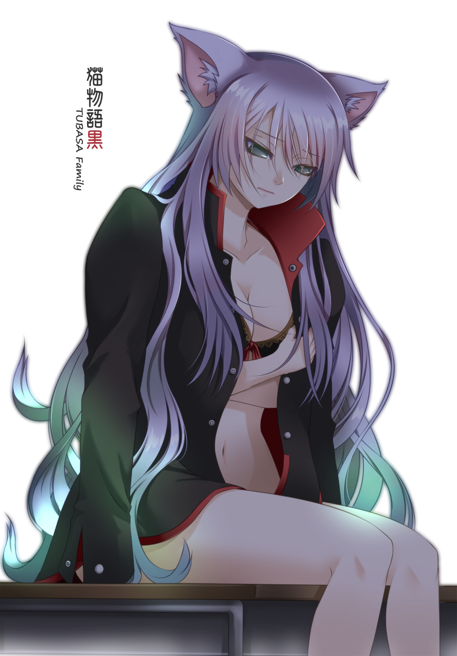 1girl, alternate_breast_size, animal_ears, black_bra, black_hanekawa, bra, breasts, cat_ears