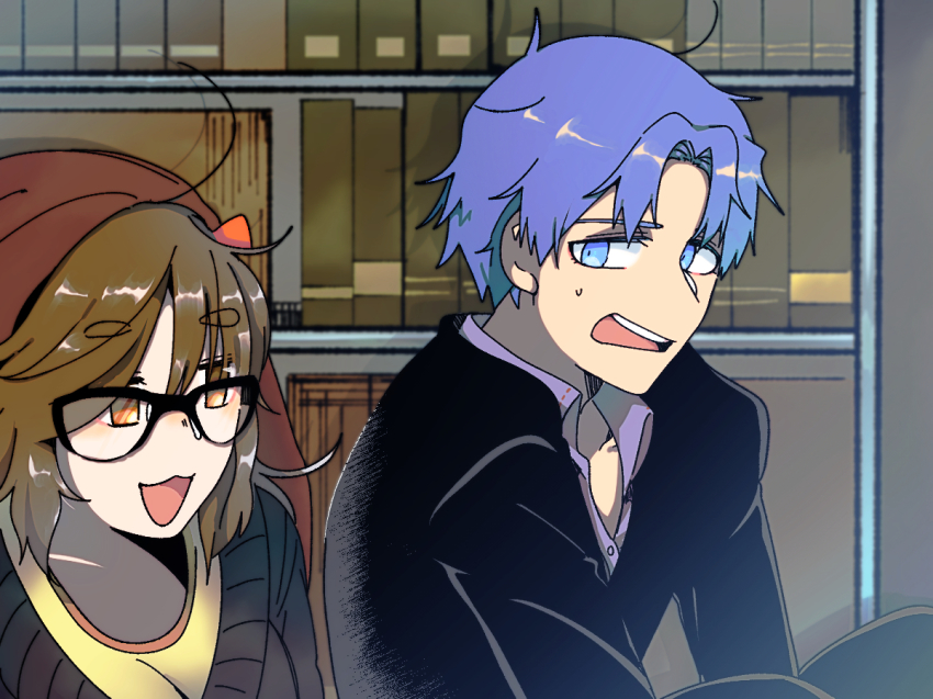 10s, 1boy, 1girl, bad_id, bad_pixiv_id, black-framed_eyewear, blue_eyes, blue_hair, book, bookshelf, brown_eyes, brown_hair, fate/extra, fate/extra_ccc, fate_(series), glasses, jinako_carigiri, long_hair, looking_at_another, matou_shinji, open_mouth, short_hair, sweatdrop, tomoti_satoshi, upper_body, wavy_hair