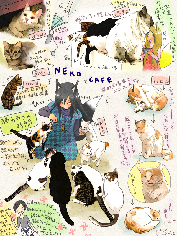 ^^^, animal_ears, animal_focus, bad_id, bad_pixiv_id, blush, calico_(pattern), cat, cat_ears, cat_tail, dress, eating, fish, layered_sleeves, long_sleeves, mouse_(animal), plaid_clothes, plaid_dress, short_over_long_sleeves, short_sleeves, sitting, speech_bubble, surprised, tail, translation_request, under_table, unmoving_pattern, yusorate