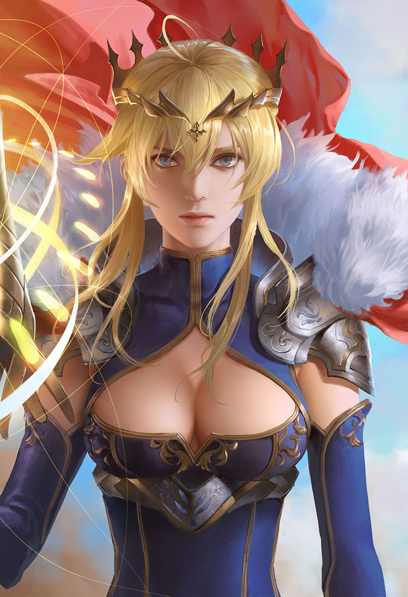 1girl, ahoge, armor, artoria_pendragon_(fate), artoria_pendragon_(lancer)_(fate), artoria_pendragon_(lancer)_(third_ascension)_(fate), blonde_hair, blue_eyes