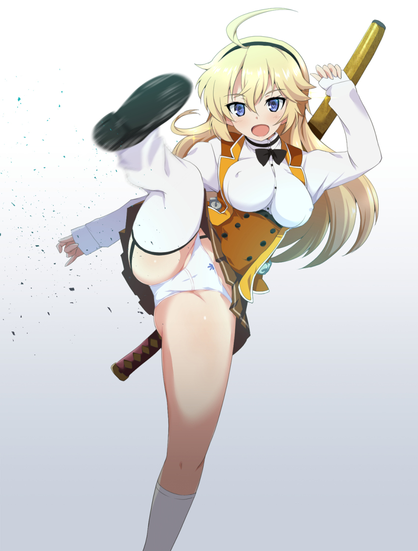 10s, 1girl, ahoge, arm_up, ass, black_bow, black_footwear, black_hairband