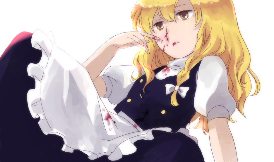 1girl, apron, black_skirt, black_vest, blonde_hair, blood, blood_on_face, blood_on_hands