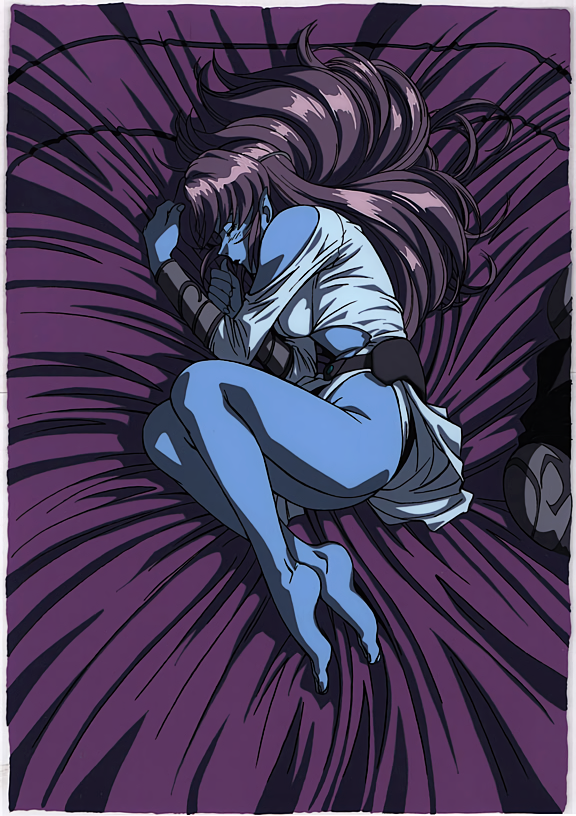 1990s_(style), 1girl, azalyn_(musekinin_kanchou_tylor), barefoot, bed_sheet, blue_skin, bracer, closed_eyes