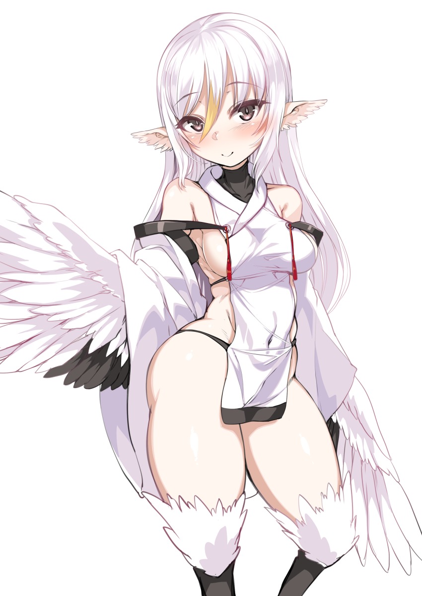 1girl, absurdres, animal_ears, bare_shoulders, black_panties, breasts, brown_eyes, detached_sleeves, female_focus, harigane_shinshi, harpy, highres, long_hair, looking_at_viewer, monster_girl, original, panties, sideboob, simple_background, smile, solo, tsuru_no_ongaeshi, underwear, very_long_hair, white_background, white_hair, winged_arms, wings