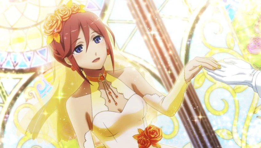 10s, 1girl, blue_eyes, bouquet, breasts, dress, fingernails, flower