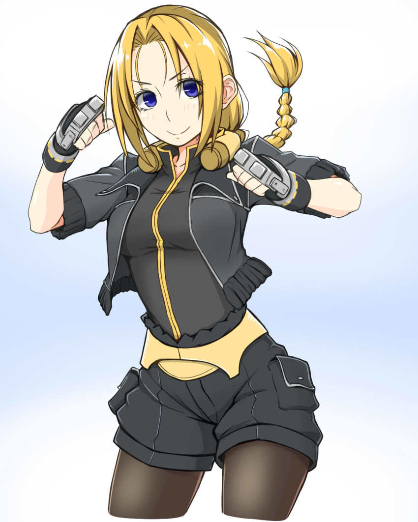 1girl, belt, black_gloves, black_jacket, black_shirt, black_shorts, blonde_hair, blue_eyes, blush, braid, brass_knuckles, breasts, clenched_hand, clenched_hands, closed_mouth, collarbone, commentary_request, determined, facing_viewer, female_focus, fighting_stance, fingerless_gloves, floating_hair, gloves, hair_tie, hands_up, happy, highres, jacket, jewelry, knuckledusters, kurobuta_(iina), long_hair, looking_at_viewer, medium_breasts, mirage_koas, open_clothes, open_jacket, pantyhose, pocket, shirt, short_sleeves, shorts, single_braid, smile, solo, standing, star_ocean, star_ocean:_till_the_end_of_time, weapon