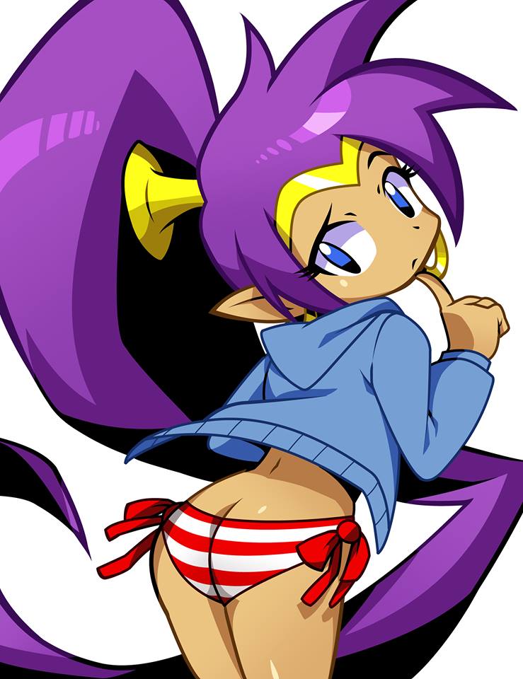 1girl, ass, bikini, blue_eyes, butt_crack, dark-skinned_female, dark_skin, earrings, female_focus, forehead_protector, from_behind, hood, hoodie, hoop_earrings, index_finger_raised, jewelry, long_hair, long_sleeves, looking_back, official_style, ogebo_go, pointy_ears, ponytail, purple_hair, shantae, shantae_(series), side-tie_bikini_bottom, simple_background, solo, striped_bikini, striped_clothes, swimsuit, very_long_hair, white_background