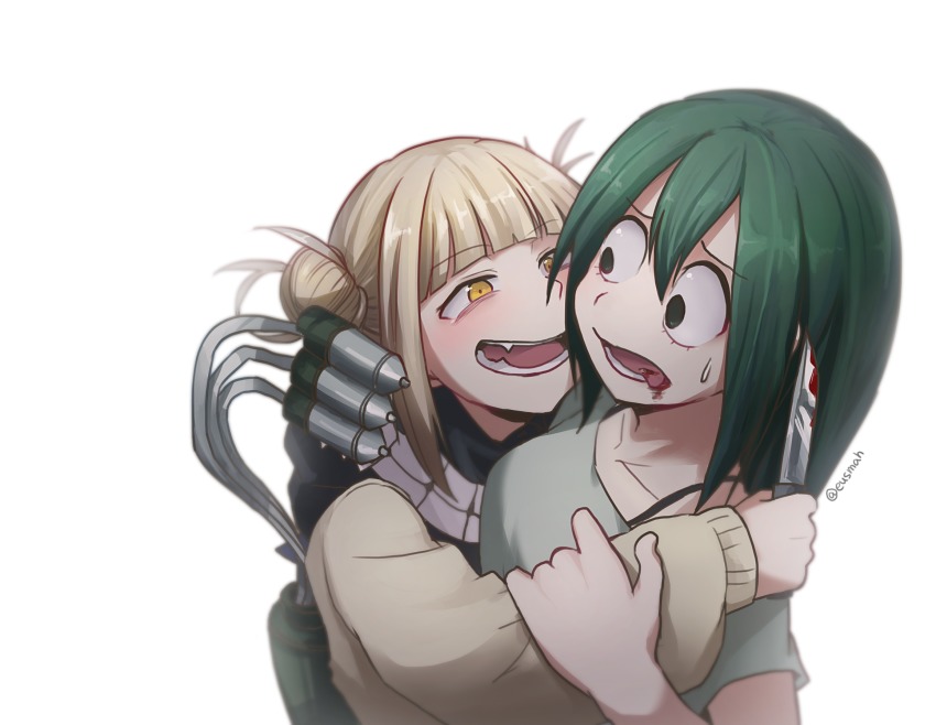 10s, 2girls, asui_tsuyu, blonde_hair, blood, blood_from_mouth, bloody_knife, bloody_weapon, blunt_bangs, blush, boku_no_hero_academia, cardigan, double_bun, fangs, green_eyes, green_hair, hair_between_eyes, hair_bun, hamsue, highres, holding, hug, knife, looking_at_another, messy_hair, multiple_girls, open_mouth, school_uniform, serafuku, simple_background, smile, sweatdrop, toga_himiko, twitter_username, upper_body, weapon, white_background, yellow_eyes