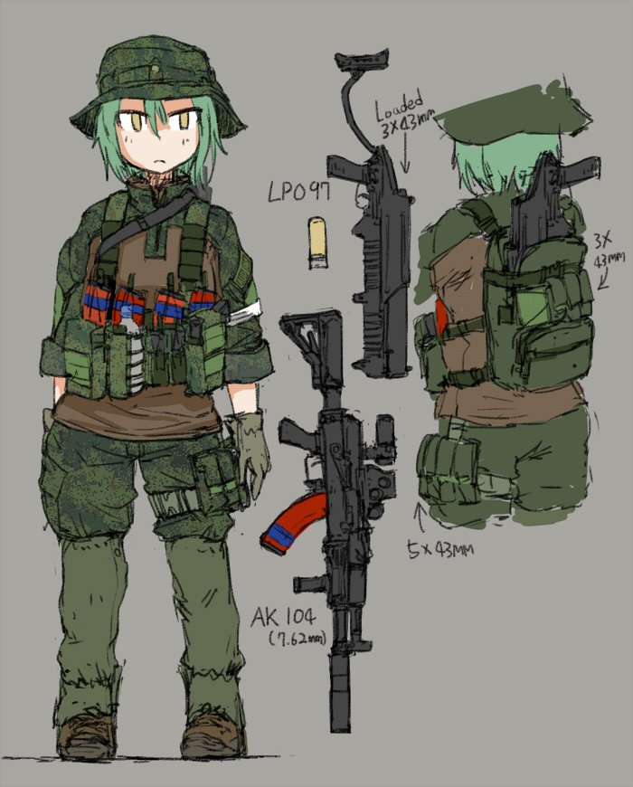 ak-104, camouflage, chest_rig, dutchko, gloves, green_hair, grenade_launcher, gun, hat, lita_(dutchko), military, military_uniform, orange_eyes, rifle, russia, weapon