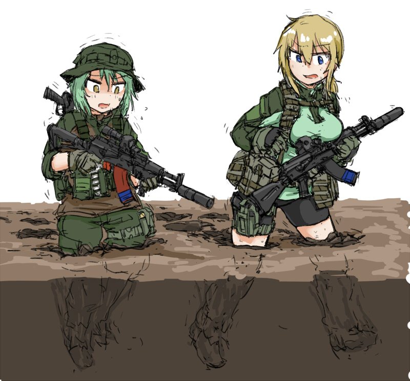 2girls, dutchko, gun, lita_(dutchko), military_uniform, mud, multiple_girls, russia, simple_background, vesna_(dutchko)
