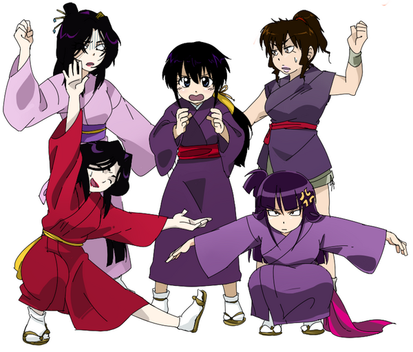 5girls, akeginu, angry, basilisk_(manga), black_hair, hotarubi, iga_oboro, japanese_clothes, kagerou_(basilisk), kimono, multiple_girls, ninja, oboro, okoi, parody, purple_hair