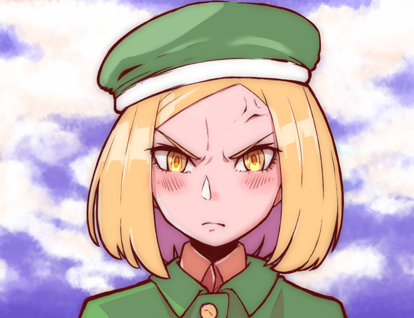 1girl, anger_vein, angry, arutemawp87, blonde_hair, blue_sky, blush, cloud, cloudy_sky, coat, commentary_request, fate/grand_order, fate_(series), female_focus, frown, green_coat, green_hat, hat, highres, looking_at_viewer, paul_bunyan_(fate), pixiv_fate/grand_order_contest_2, portrait, short_hair, sky, solo, yellow_eyes