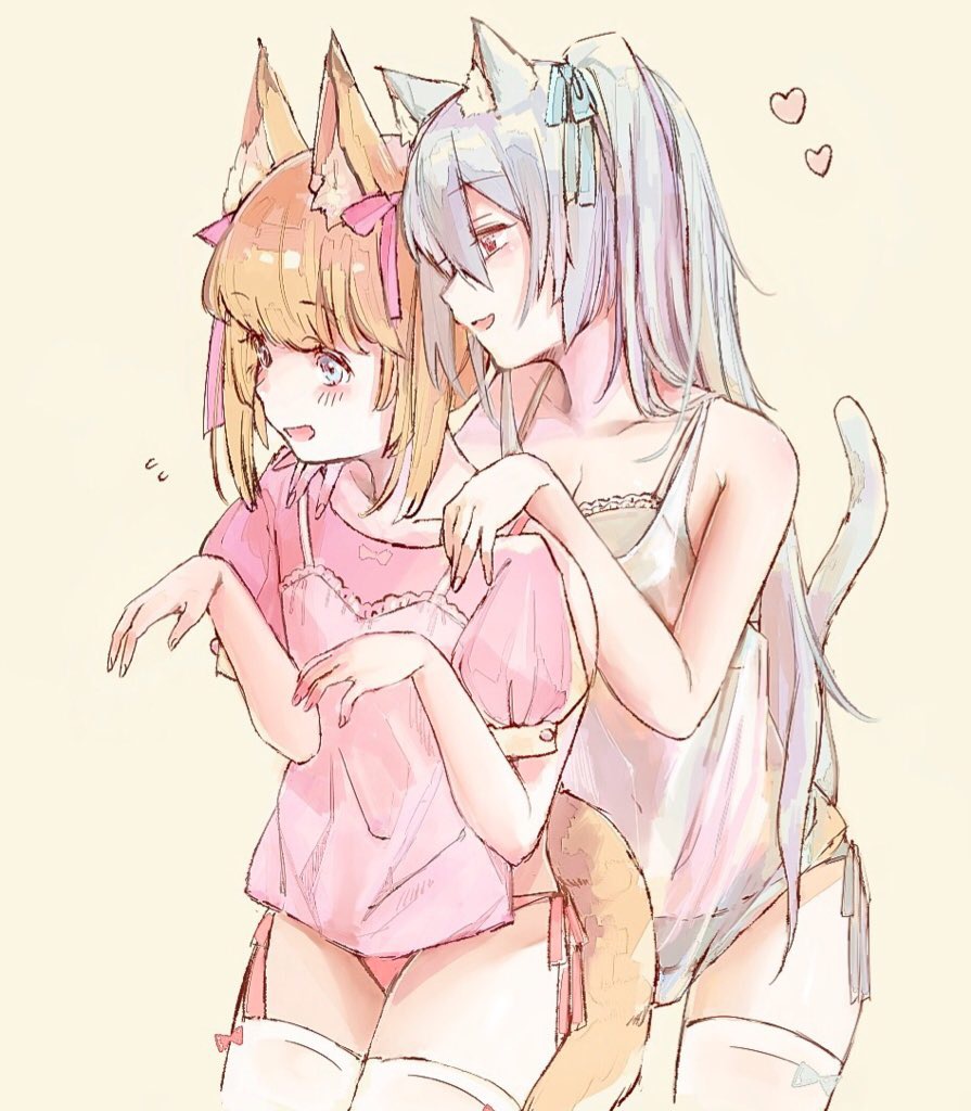 2girls, animal_ear_fluff, animal_ears, black_bra, black_panties, blue_eyes, blue_ribbon, blush, bra, breasts, cat_ears, cat_tail, cleavage, collarbone, commentary, fox_ears, hair_ribbon, heart, kemomimi_oukoku_kokuei_housou, kikiyu, lingerie, mikoko_(kemomimi_oukoku_kokuei_housou), multiple_girls, nora_cat, nora_cat_channel, open_mouth, panties, pink_bra, pink_panties, pink_ribbon, pink_shirt, puffy_short_sleeves, puffy_sleeves, red_eyes, ribbon, shirt, short_sleeves, side-tie_panties, smile, tail, thighhighs, two_side_up, underwear, virtual_youtuber, white_legwear, yuri