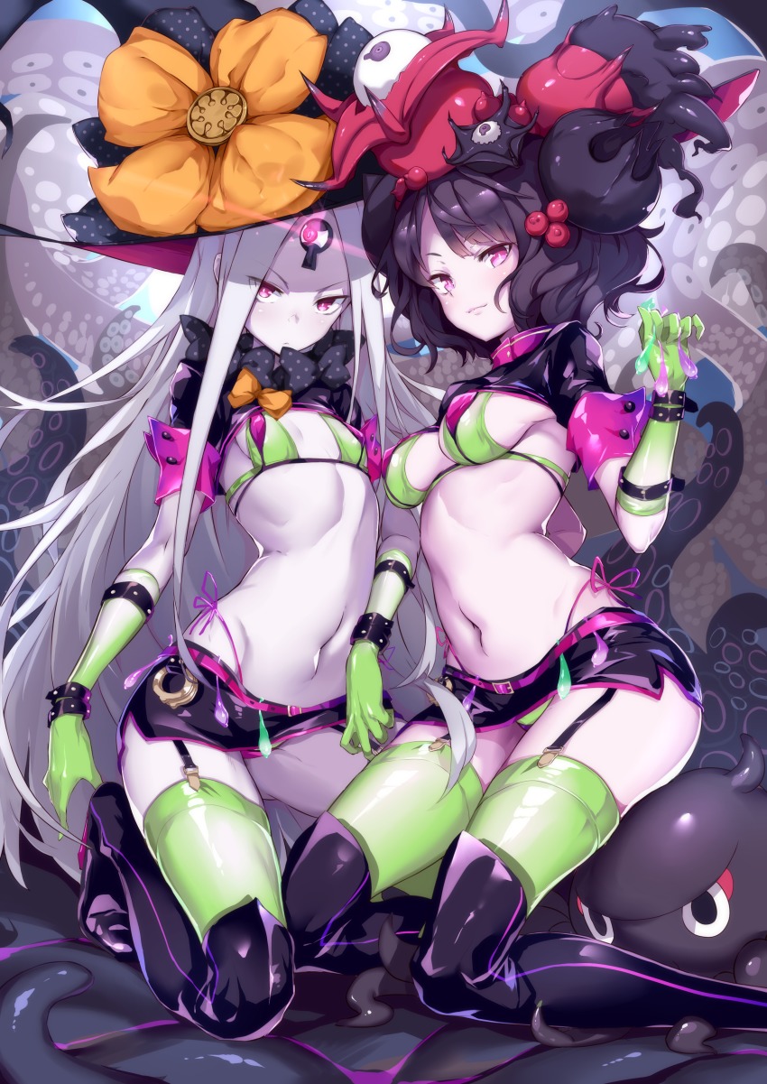 2girls, abigail_williams_(fate), abigail_williams_(third_ascension)_(fate), absurdres, black_hair, breasts, cleavage, eyes_visible_through_hair, fate_(series), florence_nightingale_(fate), florence_nightingale_(trick_or_treatment)_(fate), garter_straps, highres, katsushika_hokusai_(fate), katsushika_hokusai_(third_ascension)_(fate), looking_at_viewer, microskirt, multiple_girls, navel, official_alternate_costume, pale_skin, panties, pantyshot, purple_eyes, serious, shanyao_jiang_tororo, silver_hair, skirt, small_breasts, smile, stomach, thighhighs, underwear