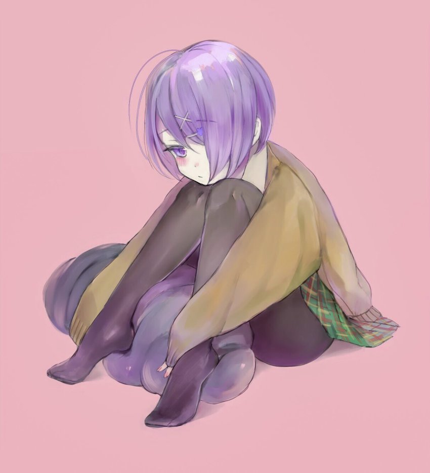 .live, bad_id, bad_twitter_id, blush, cardigan, commentary, cushion, hair_ornament, hair_over_one_eye, hairclip, head_on_knees, highres, kikiyu, kiso_azuki, long_sleeves, looking_down, nail_polish, on_floor, one_eye_covered, pantyhose, pink_nails, plaid_clothes, plaid_skirt, purple_eyes, purple_hair, school_uniform, short_hair, sitting, skirt, sleeves_past_wrists, solo, virtual_youtuber, x_hair_ornament