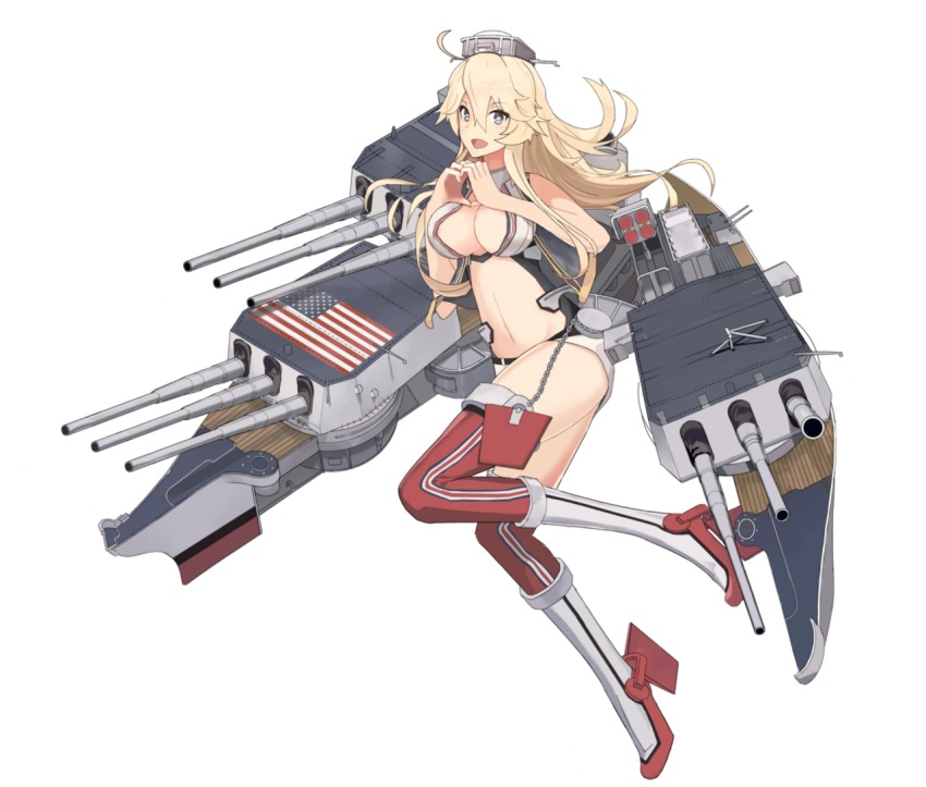 16-inch/50-caliber_mark_7_gun, 1girl, adapted_costume, ahoge, american_flag, anti-aircraft, anti-aircraft_gun, artillery