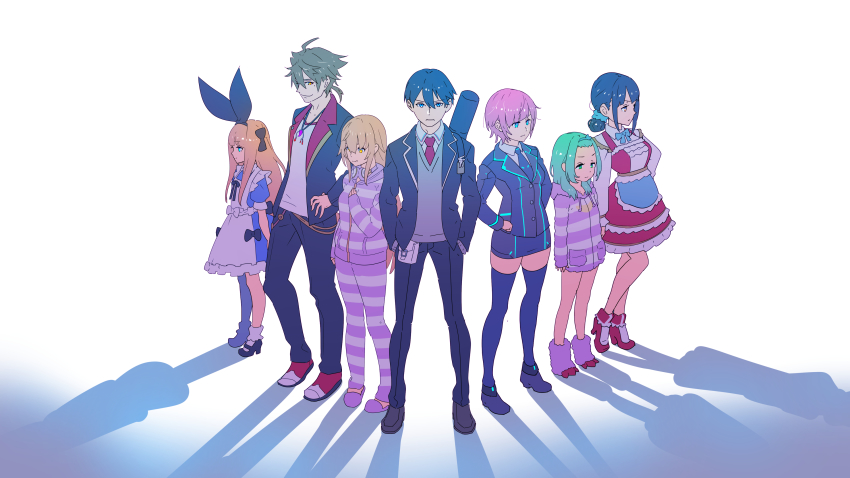 2boys, 5girls, absurdres, apron, black_bow, black_footwear, blonde_hair, blue_dress