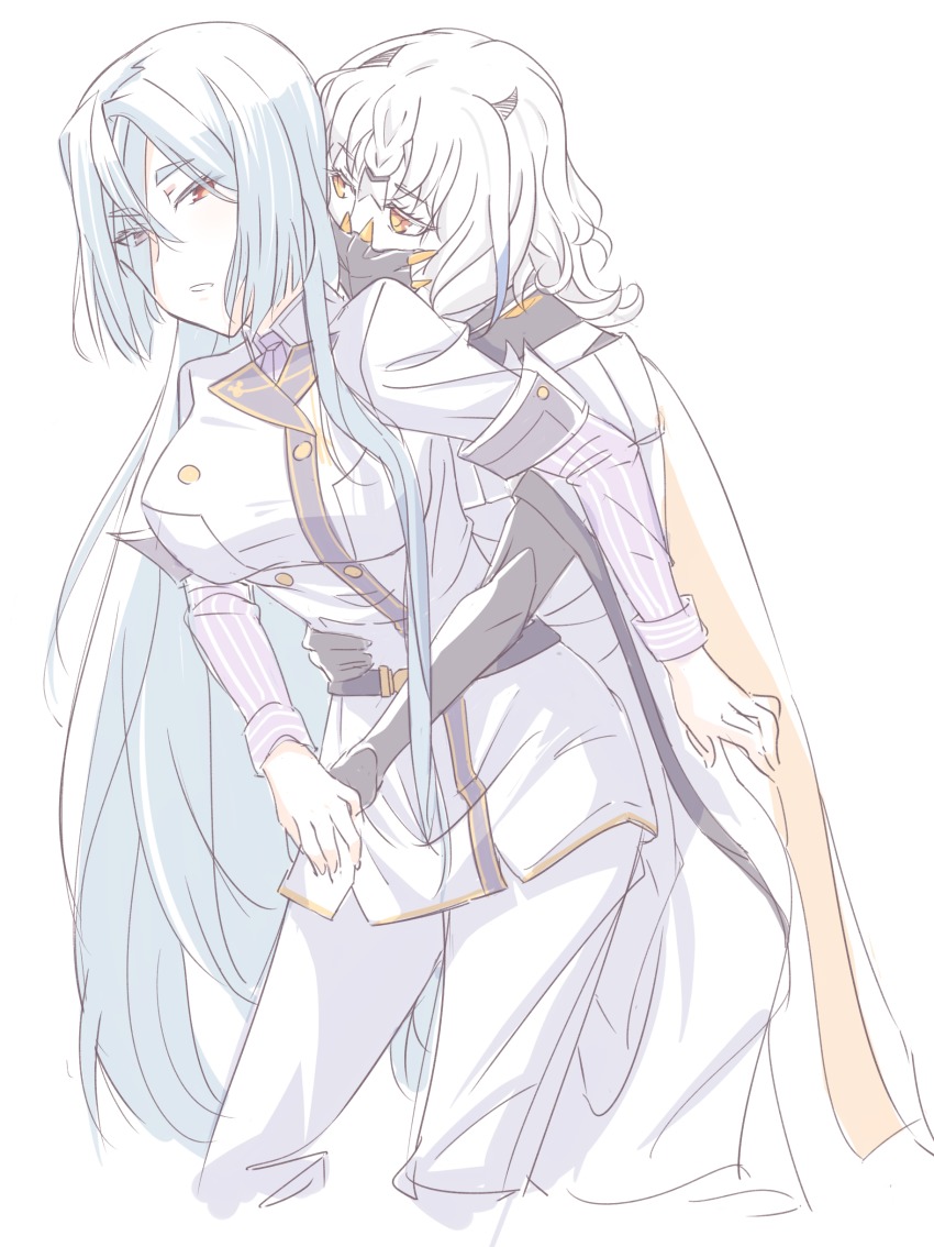 10s, 2girls, absurdres, artist_request, black_hair, blouse, eyes_visible_through_hair, hair_over_one_eye, highres, hug, hug_from_behind, ichikishimahime, long_hair, mask, mouth_mask, multiple_girls, ninja_mask, origami_yukari, red_eyes, shirt, striped_clothes, striped_shirt, toji_no_miko, very_long_hair, white_background, white_hair, white_theme, yellow_eyes, yuri