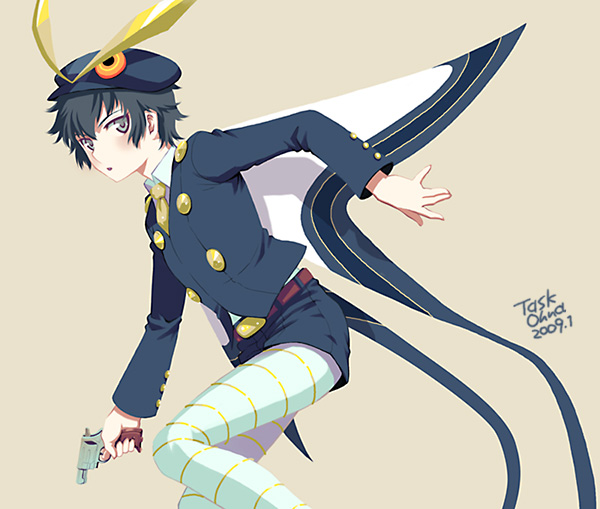 1girl, androgynous, atlus, cosplay, female_focus, gun, hat, persona, persona_4, reverse_trap, shirogane_naoto, solo, sukuna_hikona, sukuna_hikona_(cosplay), task_owner, weapon