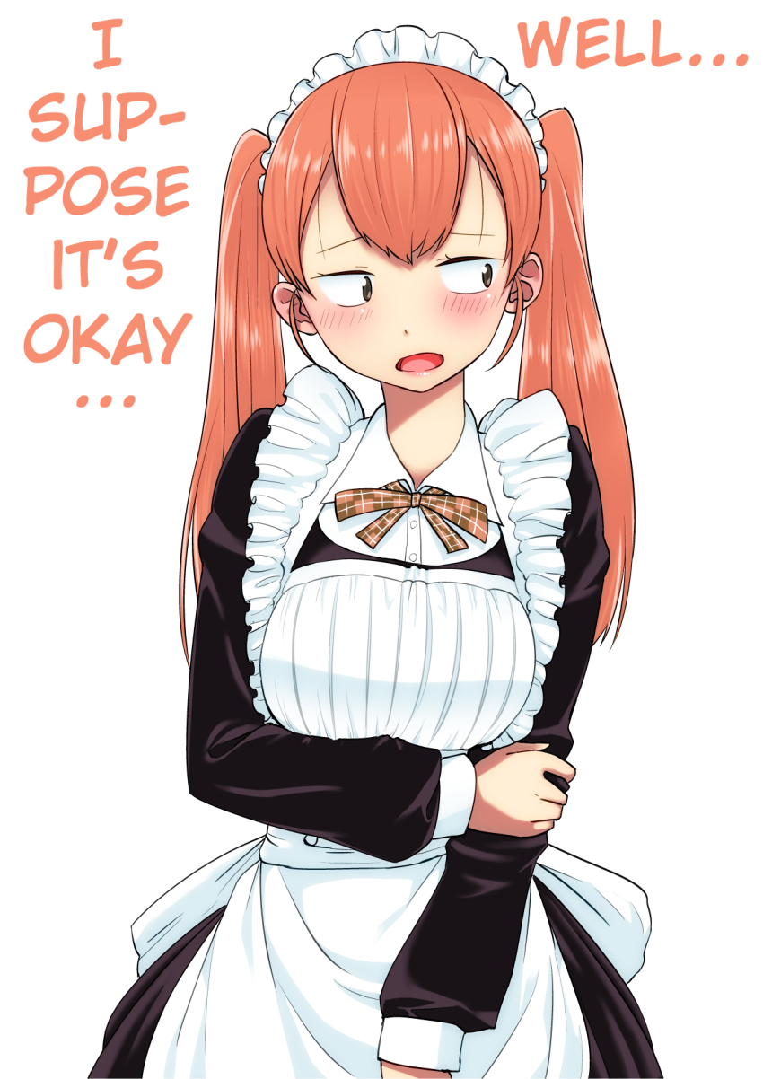 1boy, apron, blush, brown_eyes, crossdressing, crossdressing_(mtf), frilled_apron, frills, hand_on_own_arm, hard-translated, highres, komi-san_wa_komyushou_desu, long_hair, long_sleeves, looking_away, looking_to_the_side, maid, maid_apron, maid_headdress, open_mouth, orange_hair, sanpaku, tadano_hitohito, third-party_edit, todoroki_(xttn9dul), translated, trap, twintails